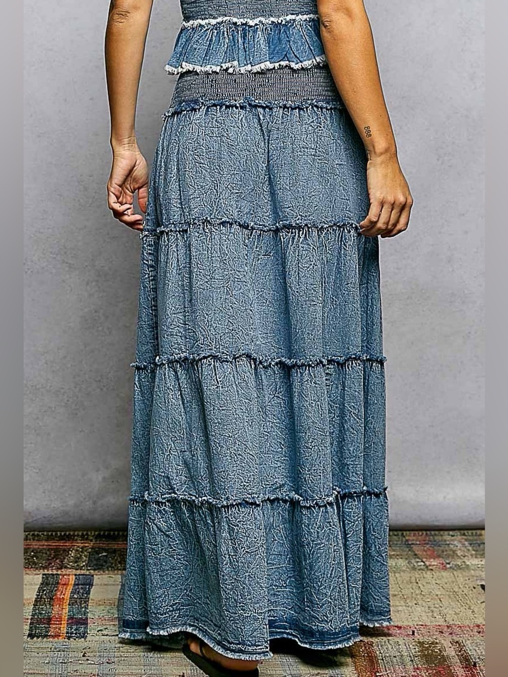 POL Bohemian Tiered Denim Maxi Length Smocked Waist Beaded Skirt - Picture 2 of 10